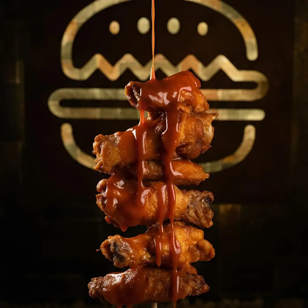 Brocheta vertical de alitas de pollo glaseadas en salsa barbacoa